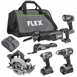 Flex Power Tools Flex 24V 6-Tool Combo Kit - Hammer Drill, Impact Driver, Recip, Circular Saw, Oscillating Tool, LED Light (2.5Ah/5.0Ah) FXM601-2B